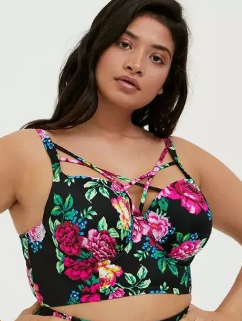 Torrid 1 DD/DDD Underwire Strappy Front Bikini Top Black Pink Floral 1X
